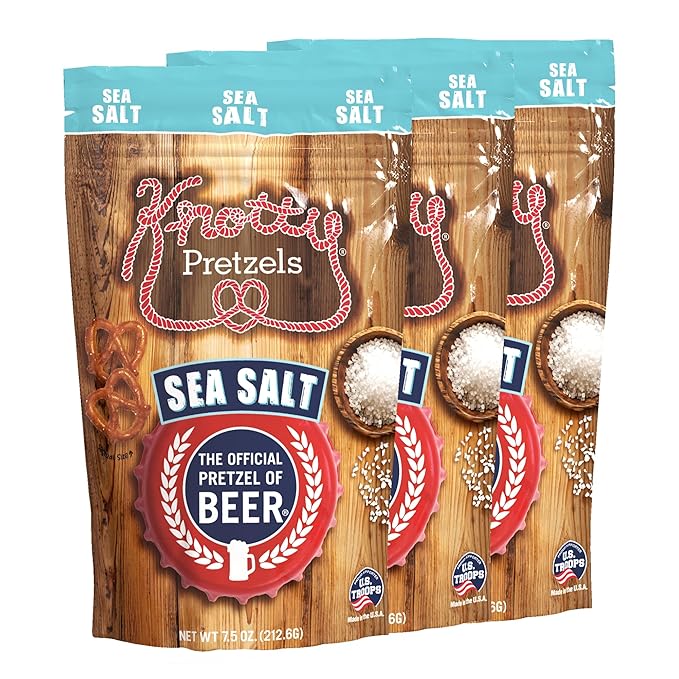 Knotty Pretzels ?쏷he Official Pretzel of Beer??7.5 oz Individual Seasoned Pretzels in Resealable Pretzel Snack Bags, The Perfect Pairing for Beer, Sea Salt Flavor (3-Pack)