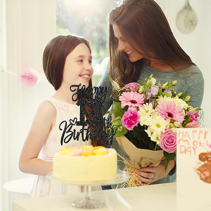 1 PCS Happy 13th Birthday Cake Topper Glitter Cheers to 13 Years Birthday Cake Pick 13 Official Teenager Cake Decoration for Happy 13th Birthday Anniversary Theme Party Decorations Supplies Black