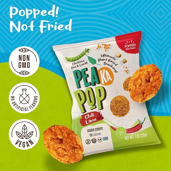 PeaKaPop Veggie Chips ??Plant-Based, Healthy Veggie Crisps with Pea, Lentil & Chickpea Protein ??Vegan, Gluten-Free, Popped Chips ??Snack Size for Kids & Adults ??1 oz Bags (15-Pack) ??Chili Lime