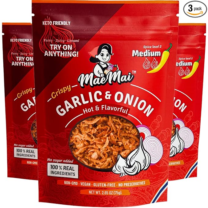 MaeMai Chili Crisp (MEDIUM HOT Spice) - Spicy Umami Onion & Garlic Flakes - All-Purpose Seasoning, Topper | Chili oil WITHOUT THE OIL. Crunchy condiment for rice seasoning, ramen topping | 9.51oz (3-PACK)