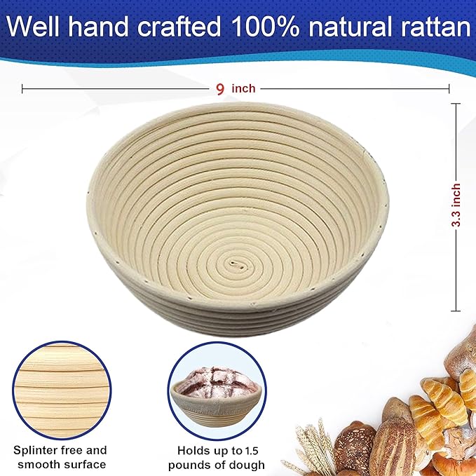 9 Inch Round Bread Banneton Proofing Basket Set of 2 ??Sourdough Proofing basket kit for Artisanal Baking ??Bread Making Tools For Professional & Home Bakers (9 inch round- 2 pack)