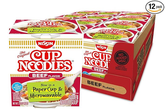 Nissin Cup Noodles Soup, Beef Flavor, Microwaveable Paper Cups, Instant Ramen, 2.25 Ounce (Pack of 12)