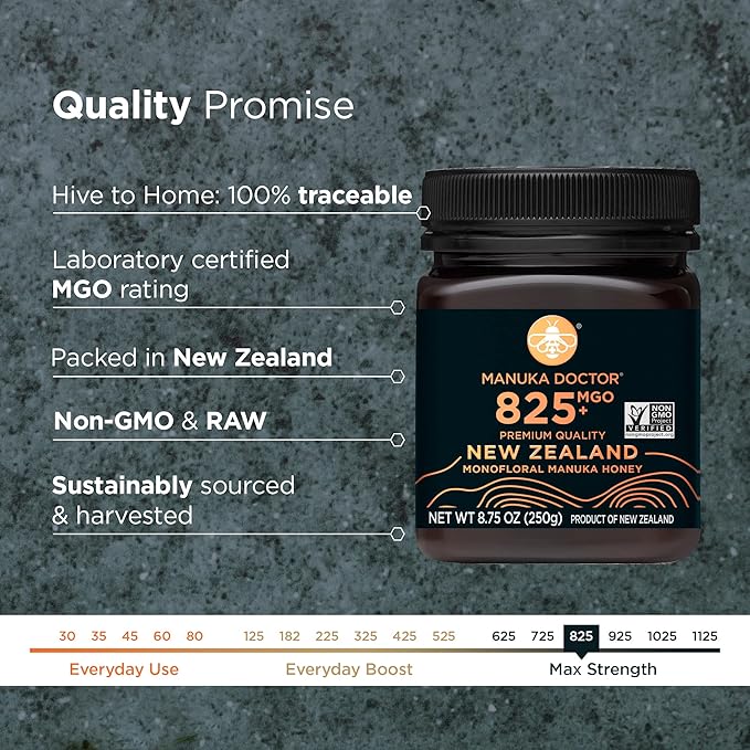 MANUKA DOCTOR - MGO 825+ Manuka Honey Monofloral, 100% Pure New Zealand Honey. Certified. Guaranteed. RAW. Non-GMO (8.75 oz)
