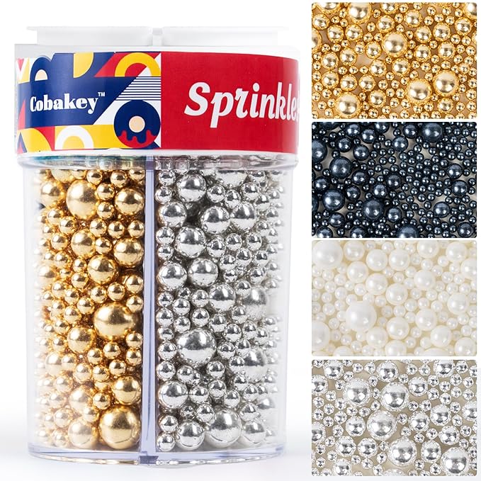 Sprinkles for Cake Decorating, Gold Silver White and Black Pearl Sugar Sprinkles Mix for Cookie Baking Ice Cream Cupcake Topping