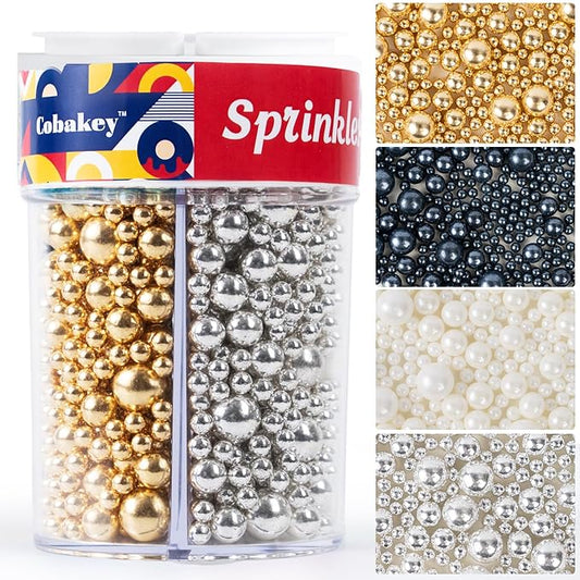 Sprinkles for Cake Decorating, Gold Silver White and Black Pearl Sugar Sprinkles Mix for Cookie Baking Ice Cream Cupcake Topping