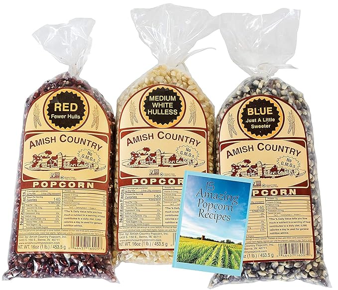 Amish Country Popcorn | Variety Bundles | 3-1 lb Bags | Red - White - Blue Popcorn Kernels | Old Fashioned, Non-GMO and Gluten Free