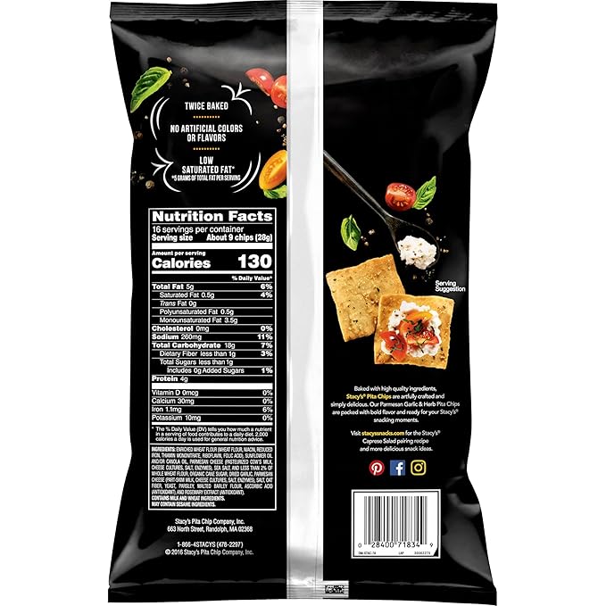 Stacy's Pita Chips, Parmesan Garlic & Herb Baked Chips, 16 Oz Snack Bag (Pack of 2)