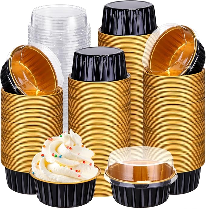 Gejoy 400 Pcs Aluminum Foil Baking Cups with Lids 5 oz Disposable Ramekins Mini Cake Pans Creme Brulee Cupcake Liners Muffin Tins Flan Mold Dessert Container for Wedding(Black, Gold,Classic)