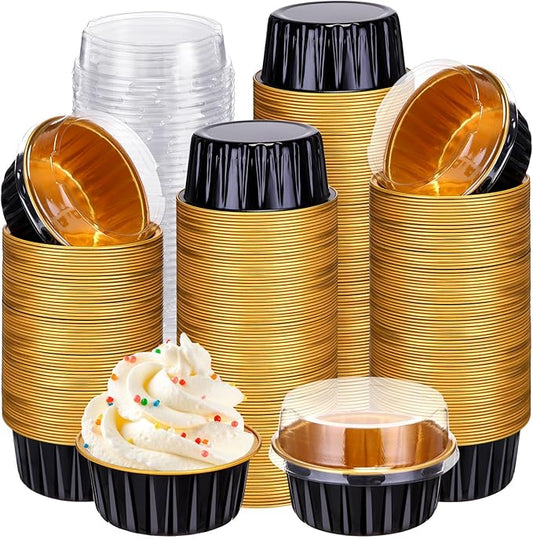 Gejoy 400 Pcs Aluminum Foil Baking Cups with Lids 5 oz Disposable Ramekins Mini Cake Pans Creme Brulee Cupcake Liners Muffin Tins Flan Mold Dessert Container for Wedding(Black, Gold,Classic)