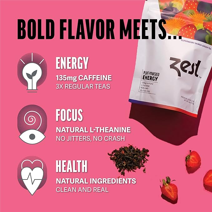 Zest 135mg High Caffeine Energy Loose Leaf Blend - Superberry Samba Green Tea - 4 Oz - Hot or Iced - All Natural Strong Flavored Healthy Coffee Highly Caffeinated Substitute - Perfect for Keto Diet