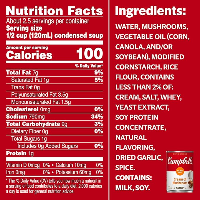 Campbell's Condensed Gluten Free Cream of Mushroom Soup, 10.5 oz Can