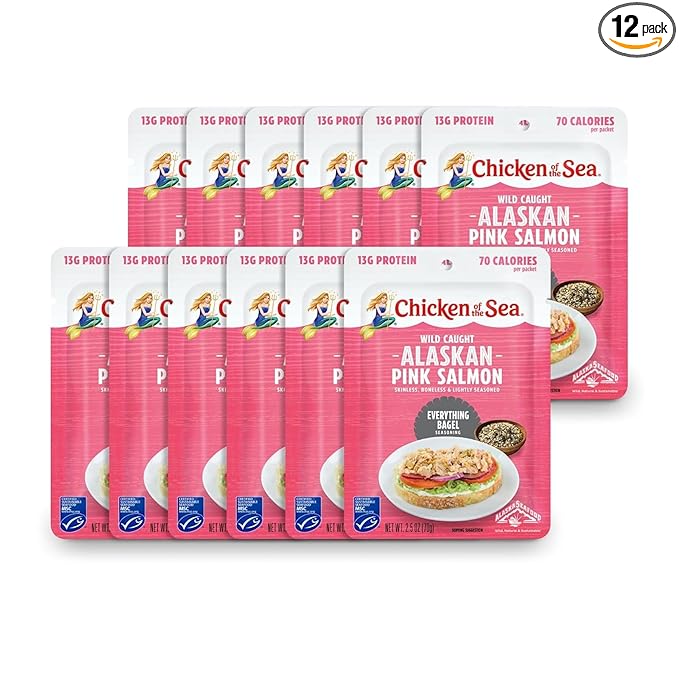 Chicken of the Sea Alaskan Pink Salmon, 2.5 oz. Packets (Box of 12), Wild Caught Salmon, Everything Bagel Seasoning