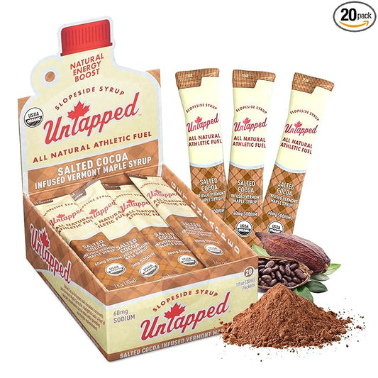 UnTapped Salted Cocoa Infused Vermont Maple Syrup Packets for Athletes, Box of 20-1 fl oz Each | Pure Maple Syrup with Rich Cocoa Extract and Sea Salt | Fuel to Keep You Running Longer