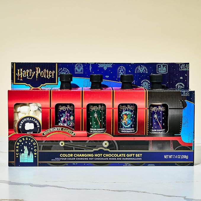HARRY POTTER, Color Changing Hot Chocolate Gift Set, Includes 4 Bottles of Color Changing Hot Cocoa Mix and Marshmallows in Hogwarts Express Train Box