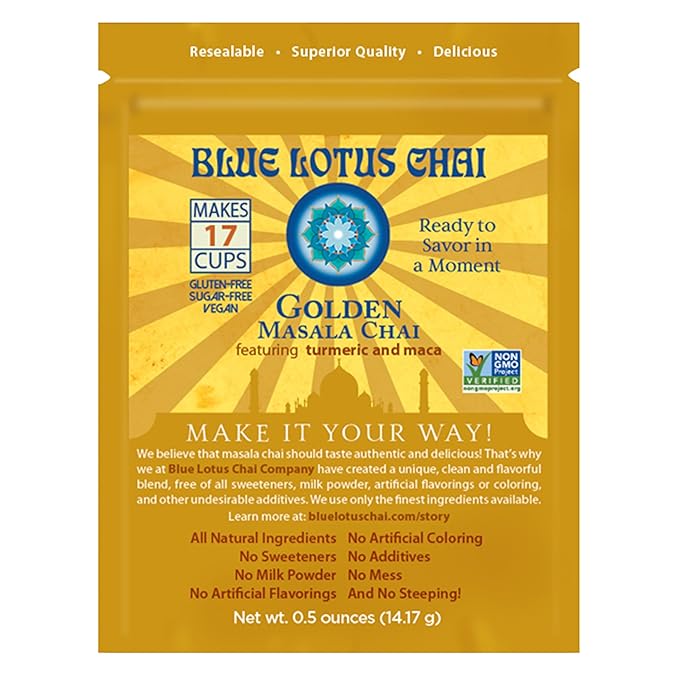 Blue Lotus Chai - Golden Masala Flavor Chai - Makes 17 Cups - 0.5 Ounce Masala Spiced Chai Powder with Organic Spices - Instant Indian Tea No Steeping - No Gluten