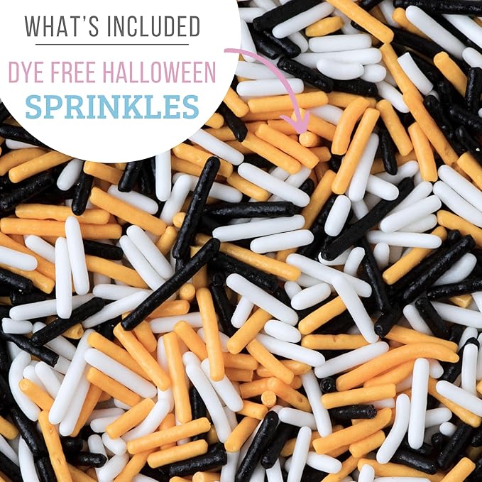 Sweets Indeed Dye-Free Halloween Frosting & Sprinkles Set ??8.22 oz | 2 Frosting Tubes (Orange & Black) + 2 Decorating Tips + 2 oz Sprinkle Mix (Black, Orange & White) | No Artificial Dyes Cupcake & Cookie Decorating Kit