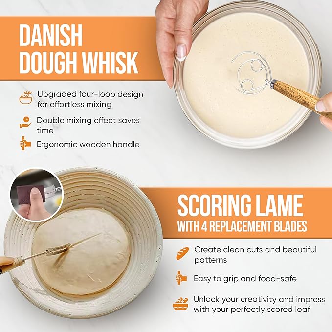 Complete Sourdough Starter Kit and Sourdough Bread Baking Supplies - Includes 9" Banneton Proofing Basket, 34oz Sourdough Starter Jar, Silicone Bread Sling, Scrapers, Bread Lame and Measuring Spoons