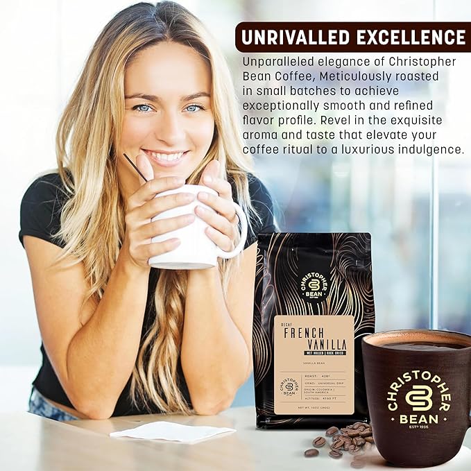 Christopher Bean Coffee - Certified Kosher - Decaf Ground Universal Drip French Vanilla Flavored Coffee | Coffee Beans with Medium Roast 100% Arabica, No Sugar, No Fats, Non-GMO | 10-Ounce Bag