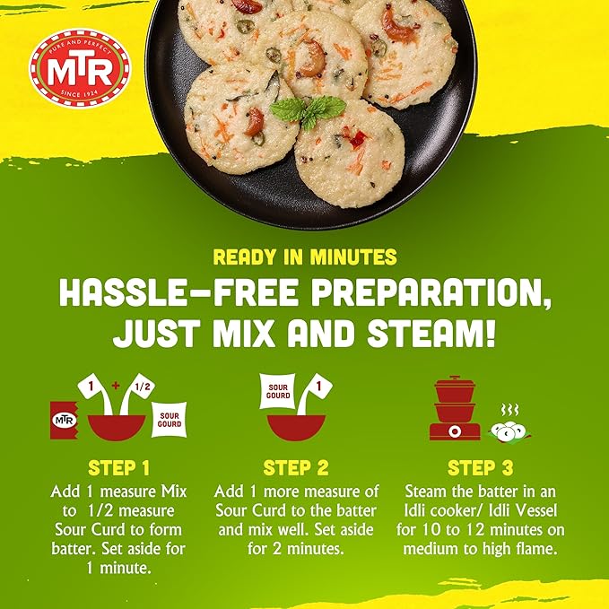 MTR Instant Rava Idli Mix - Ready to Cook Authentic Indian Breakfast, Lunch, Dinner or Snack Meal - No Added Preservatives - A Quick & Easy Recipe Suitable for Vegetarians - (500g, Pack of 2)