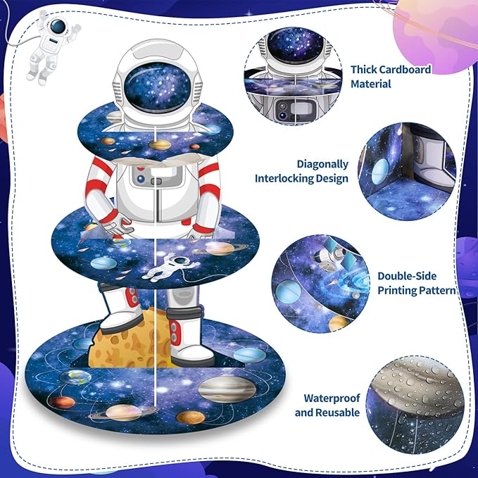 2 Pack Space Astronaut Cupcake Stand Space Themed Party Decorations 3 Tier Cupcake Holder Outer Space Party Decorations Astronaut Dessert Tower for Boys Kids Galaxy Birthday Supplies