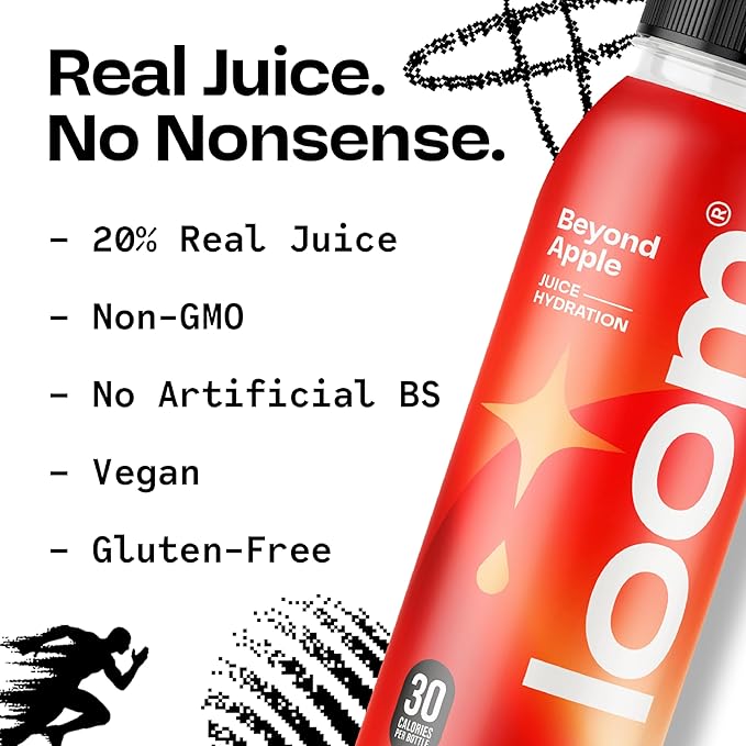 Beyond Apple Juice Drinks by Loom, Low Sugar Juice, Real Fruit, No Added Sugar, 30 Calories, Non-GMO, Vegan, Gluten Free, 12 oz bottles, 12 pack
