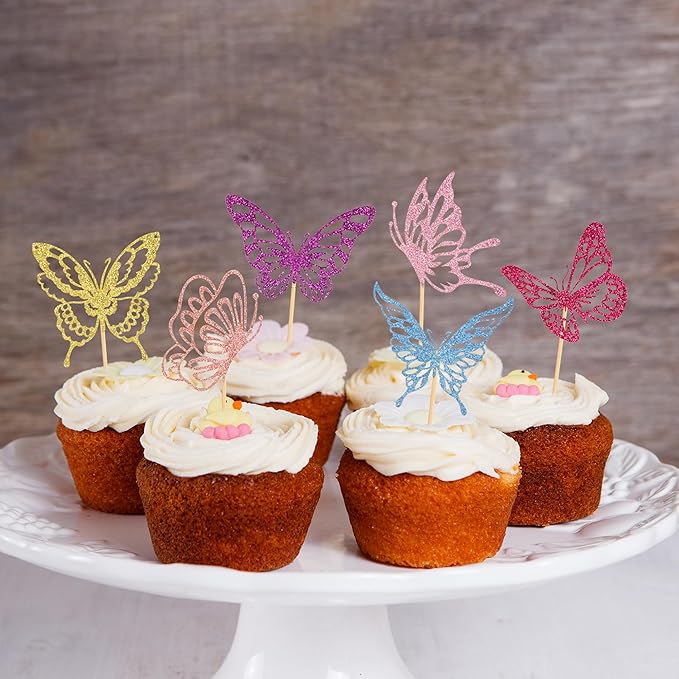 24 PCS Glitter Butterfly Cupcake Toppers Butterfly Theme Party Decoration for Wedding Baby Shower Birthday Party
