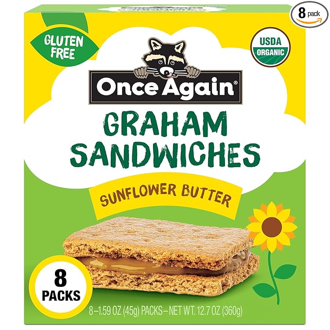 Once Again Sunflower Butter Graham Sandwiches - Gluten Free Snacks for Kids & Adults - Sandwich Crackers with Organic Sunflower Seed Butter - Vegan, Nut Free Snacks for Lunch & School, 8 Count