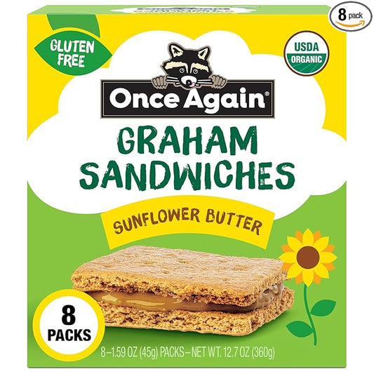 Once Again Sunflower Butter Graham Sandwiches - Gluten Free Snacks for Kids & Adults - Sandwich Crackers with Organic Sunflower Seed Butter - Vegan, Nut Free Snacks for Lunch & School, 8 Count