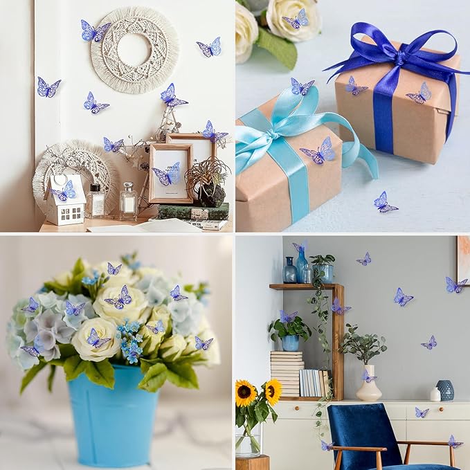 72 Pcs Butterfly Decorations - 3 Sizes, 3 Styles, 3D Wall Decor, Party & Birthday Decor, Blue