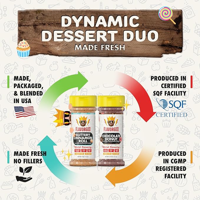 Flavor God Dynamic Dessert Duo Pack of 2 Seasoning Topper Gift Set, Buttery Cinnamon Roll & Chocolate Donut, Natural Healthy Blend For Donuts, Fruit Ice Cream, Coffee, Low Sodium, Gluten & Dairy Free