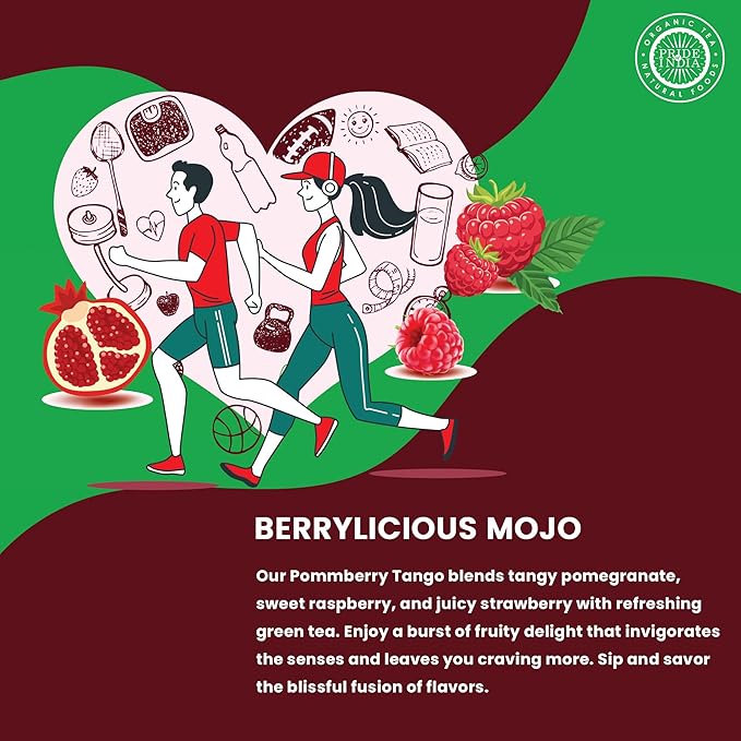 Pride of India | PACK of 6 - PommBerry Merlot Fruity Green Tea | 15 Pyramid Full Leaf Individually Wrapped Tea Bags | Tangy & Fruity Flavor | Vibrant & Uplifting Experience | Caffeine Free