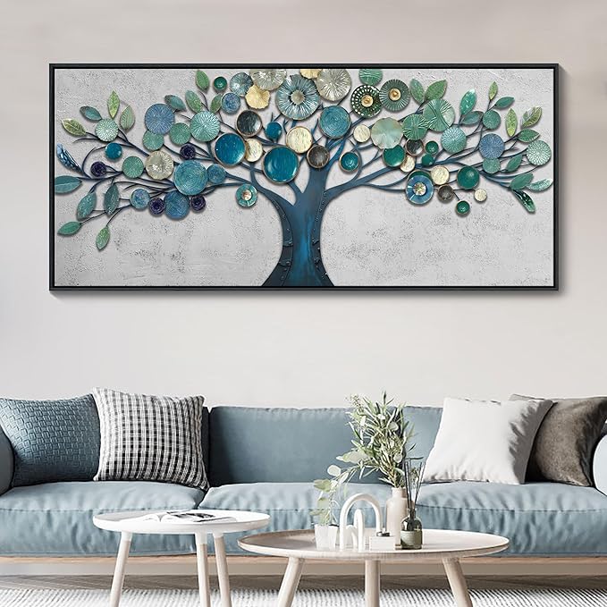 CHATYOUNG Extra Large Wall Art Office - Framed Blue Gold Leaves Gray Background Canvas Print Nature Wall Paintings Artwork for Living Room Bedroom Office Kitchen Home Wall Decor 71"x32"