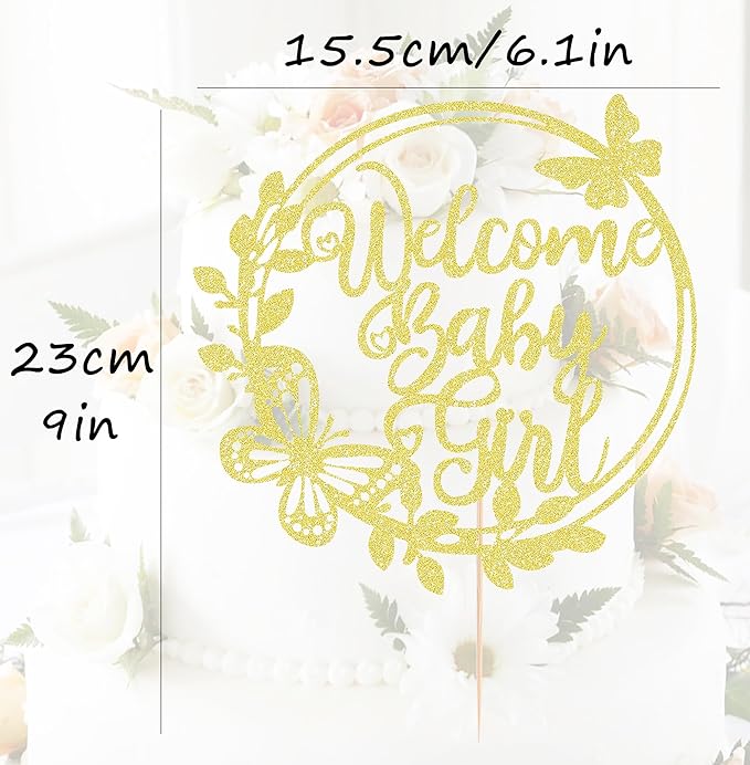 Welcome Baby Girl Cake Topper - Rose Gold Glitter Baby Shower Cake Decorations, Baby Girl Cake Topper, for Baby Shower/Birthday Party/Gender Reveal Party Photo Booth Props (Gold)