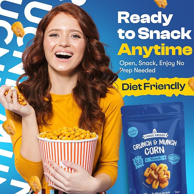 Three Amigos Corn Nuts Suger Free, 100% Vagan, Peanut Free Non-GMO (All Natural Ingredients) Guilt-Free snacking Toasted Corn Kernels in Reseable Bag - Crunchy & Munch Snack (12 OZ) (12 oz, Ranch)
