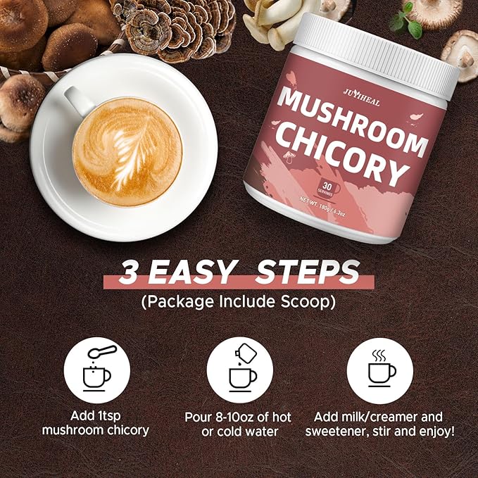 JUYIHEAL Mushroom Chicory, Mushroom Chicory Coffee 6 Mushrooms with Chicory Root for Energy, Focus, Digestion, Immunity, 30 servings