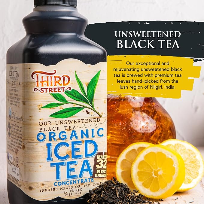 Third Street Inc. Organic Unsweet Black Tea Concentrate, 32 Fl. Oz., Premium Black Tea Concentrate, Rich and Smooth Taste, Beverage Concentrate 7:1, Vegan, Gluten Free, Kosher, Non-GMO