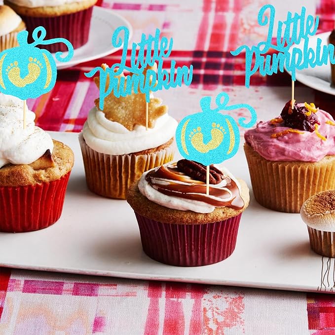 24Pcs Little Pumpkin Cupcake Toppers Pumpkin Baby Shower Cake Decorations Baby Feet Pumpkin Cupcake Picks for Thanksgiving Halloween Kids Birthday Party Decorations - Bule Glitter