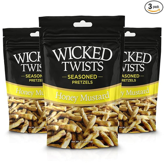 Wicked Twists Honey Mustard Seasoned Pretzels Twists 5.5 oz (3 Pack) Snack Pretzel Sticks Rods, Bold Flavor Snack, Resealable Fresh Pack, Baked Crunch, Party & School-Ready