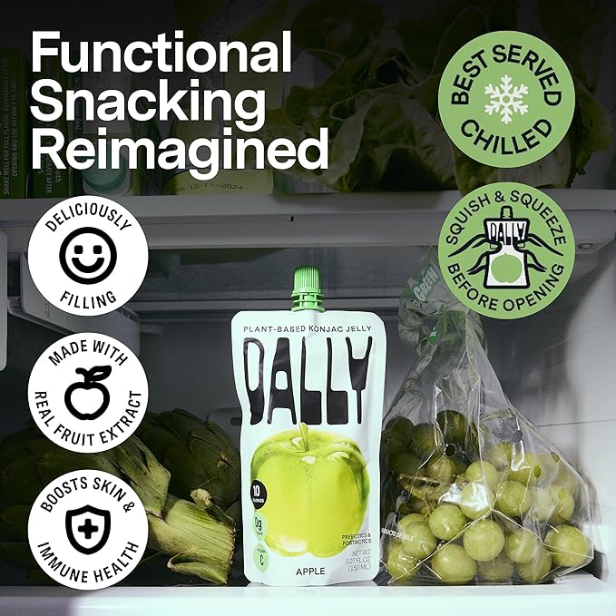 Dally Apple Drinkable Konjac Jelly (10 Pouches) ??10-Calorie, Zero Sugar Korean Fruit Snack ??Prebiotics & Postbiotics for Skin, Immune & Weight Management