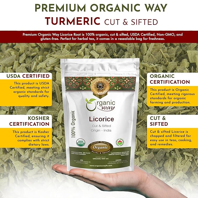 Organic Way Licorice Root Cut & Sifted (Glycyrrhiza glabra) - Herbal Tea | Kosher & USDA Certified | Vegan, Non-GMO & Gluten Free | Resealable Bag | 100% Raw from India (1/4LBS / 4OZ)