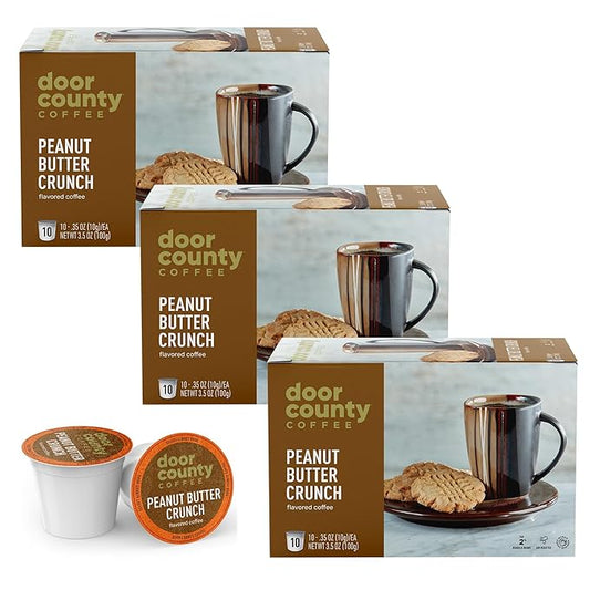 Door County Coffee Peanut Butter Crunch Flavored Ground | 30 Count Single Serve Cups | Medium Roast | 100% Specialty Arabica | Flavored Gourmet | Peanut Butter Flavored