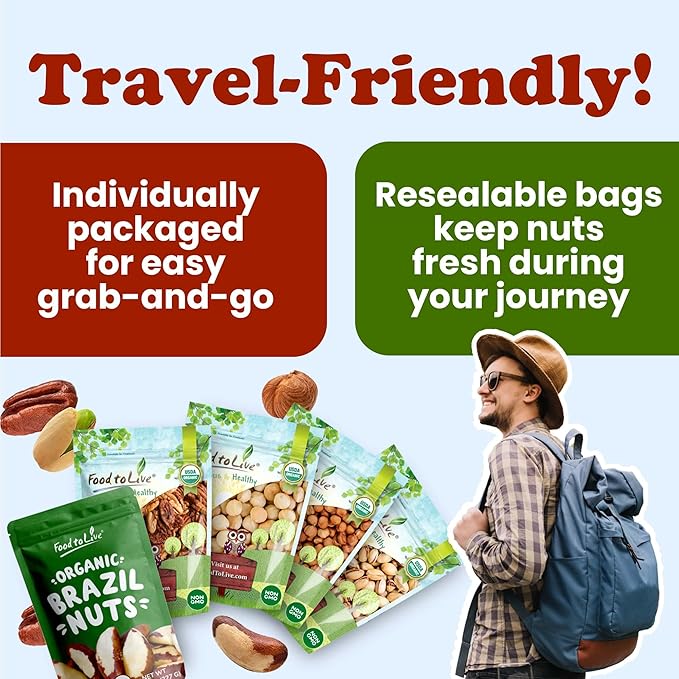 Food to Live - Organic Delicious Nuts in a Gift Box - A Variety Pack of Pecans, Hazelnuts, Brazil Nuts, Macadamia Nuts, and Roasted & Salted Pistachios