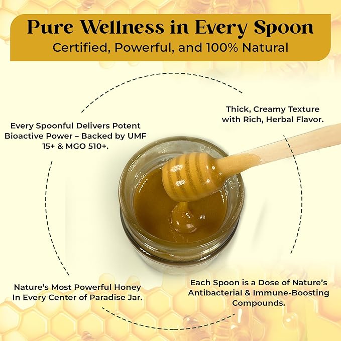 Center of Paradise Raw Manuka Honey Certified UMF 15+ | MGO 510+ (250g / 8.8oz) Glass Jar - Pure & Natural Manuka Honey New Zealand for Daily Immune Support and Wellness - Non GMO & Unpasteurized