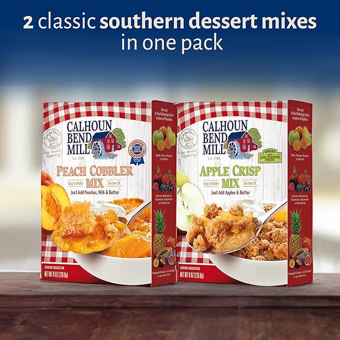 Calhoun Bend Mill Variety Bundle Mixes | Easy to Make Homemade Dessert for Apples, Peaches, Berries | Ideal for Gourmet Baking and Dessert Delights | Apple Crisp Mix - 8 Oz + Peach Cobbler Mix - 8 Oz