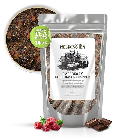 Nelson's Tea Raspberry Chocolate Truffle - Loose Leaf Black Tea with Raspberry Leaf, Rooibos, Truffle Essence, Carob Beans, Hibiscus & Chocolate Chips, Infused with Natural Flavors - 16 oz.