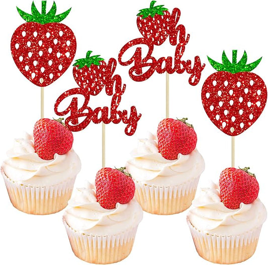 24Pcs Strawberry Oh Baby Cupcake Toppers Glitter Fruit Theme Babyshower Strawberry Cupcake Picks for Gender Reveal Baby Shower Kids Boys Girls Birthday Party Cake Decorations Supplies