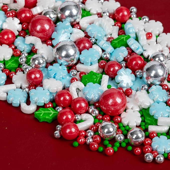 Edible Christmas Sprinkles for Cake Decorating,130gWhite and Blue Snowflake,White Candy Cane,Red Silver Pearls,Christmas Trees,Sugar Holiday sprinkle for Cupcake Toppers, Cookie, Ice Cream Decorations Winter Theme Party Supplies