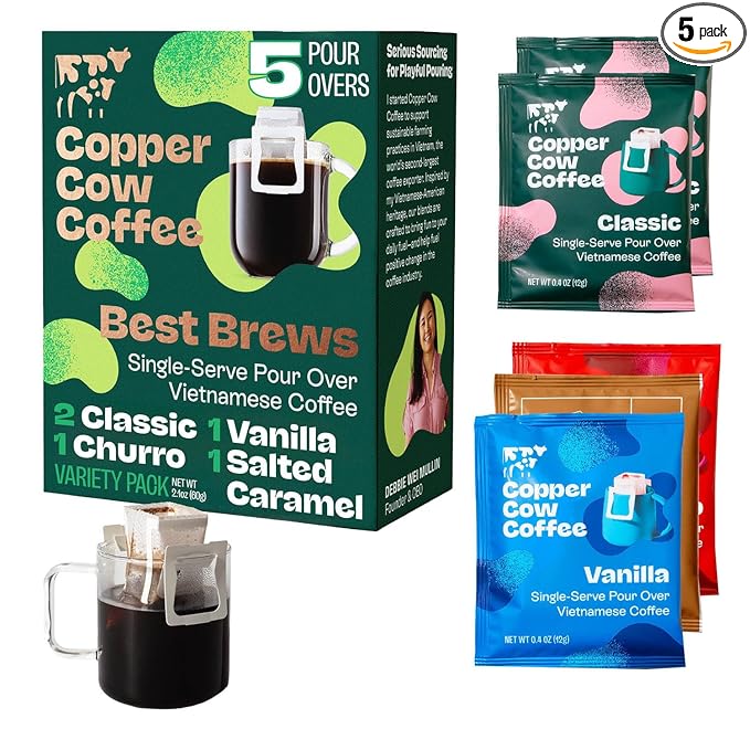 Copper Cow Premium Pour Over Single-Serve Vietnamese Coffee | Best Brews Variety Pack (Includes 5 coffees) | Classic Black, Churro, Vanilla, & Salted Caramel