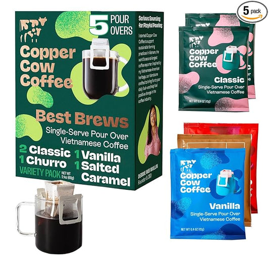 Copper Cow Premium Pour Over Single-Serve Vietnamese Coffee | Best Brews Variety Pack (Includes 5 coffees) | Classic Black, Churro, Vanilla, & Salted Caramel