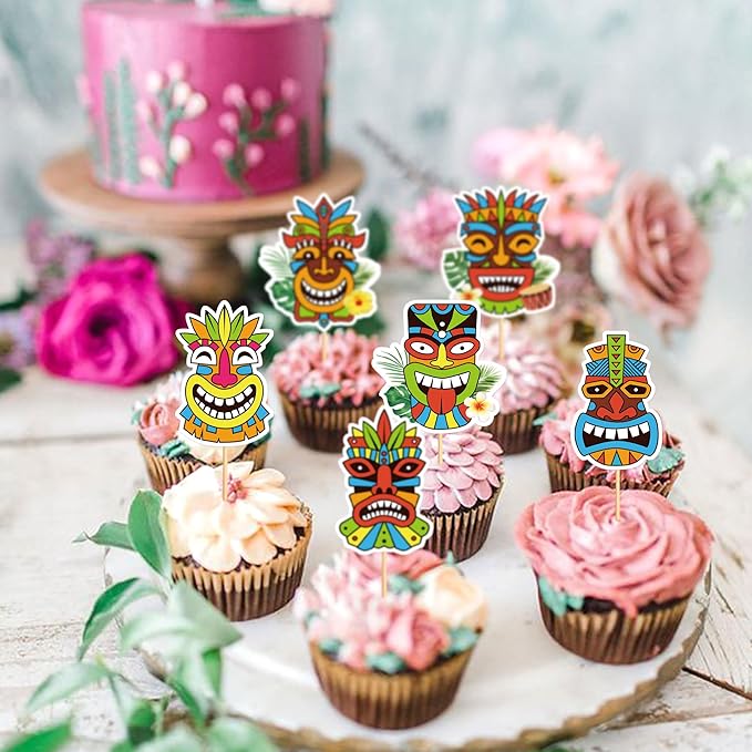 24Pcs Hawaiian Tiki Cupcake Toppers Tropical Totem Hawaiian Themed Party Decorations for Tropical Hawaii Aloha Party Supplies